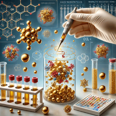 image representing the process of using NanoPartz gold nanoparticles in an immunoprecipitation assay. The image shows how the gold nanoparticles functionalized with antibodies bind to target proteins in a serum sample, allowing for the separation of immune complexes. This illustration is designed to help visualize the use of these nanoparticles in enhancing immunoprecipitation assays.